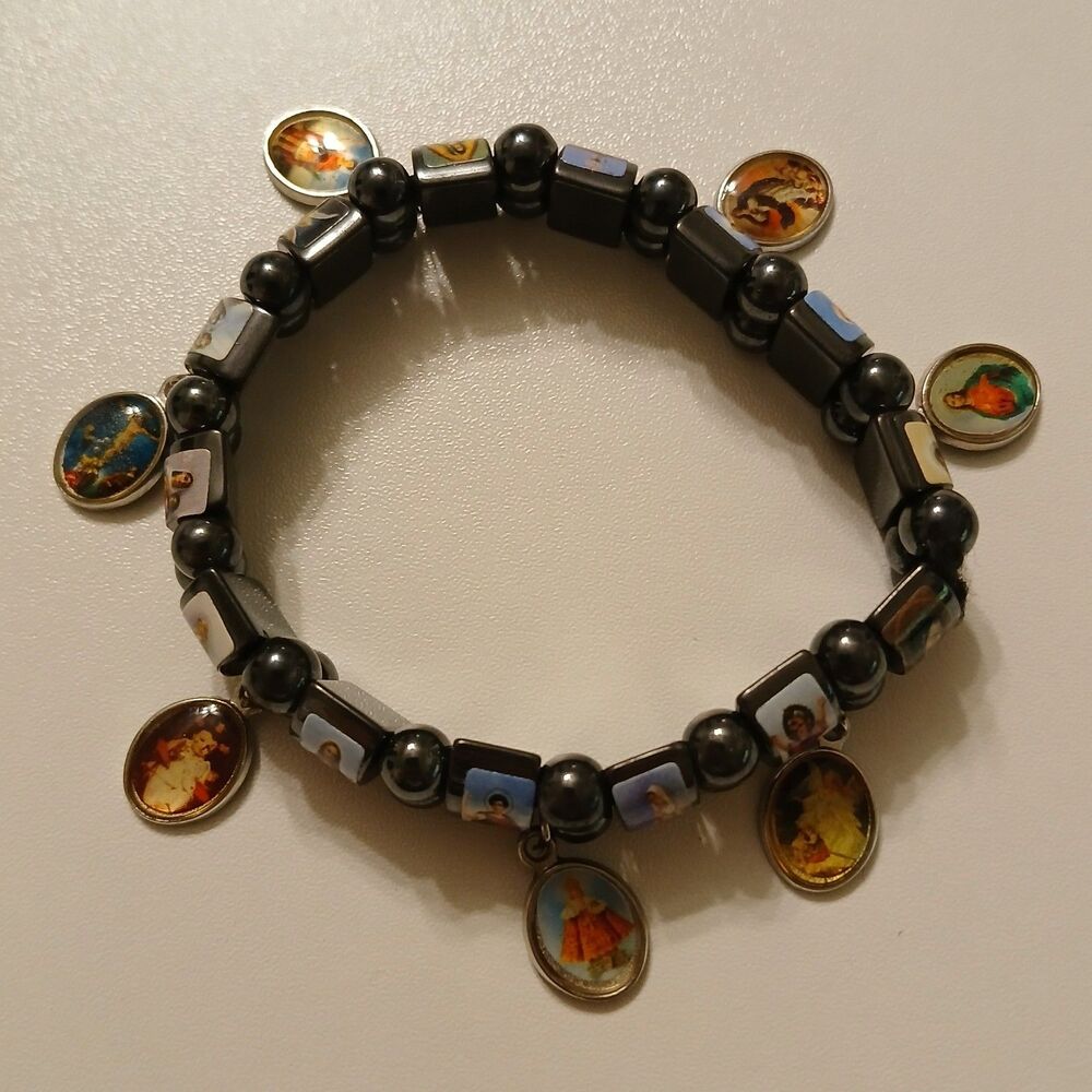 VTG Hematite Religious Icon Tile Bracelet Catholic Saints Charms Cross Stretchy - Picture 7 of 8